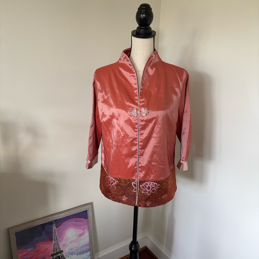 Elegant Pink/Peach Satin Jacket with Floral Embroidery